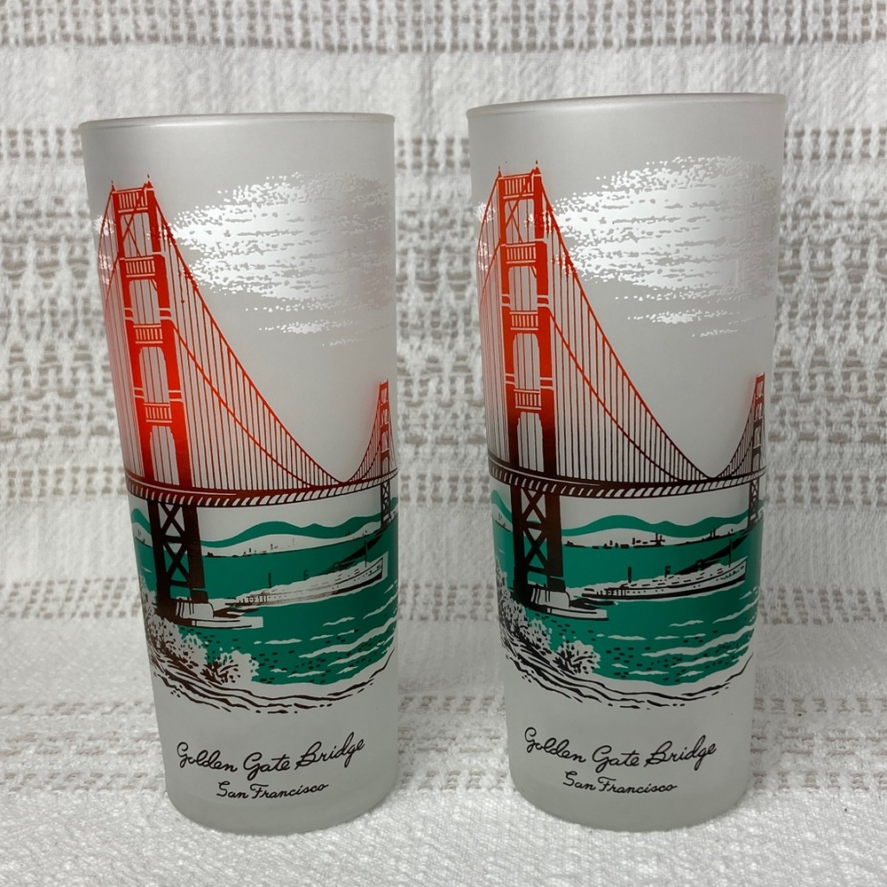 Vintage Libbey Golden Gate Bridge San Francisco Frosted Glasses - Set of Two